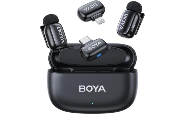 BOYA Mini Wireless Microphone for iPhone/Android/PC/Tablets with USB C/Lightning Plug, MFi Certified, Noise Reduction, AI Voice Changer, 30H Battery Life with Charging Case for Video Recording Podcast - Black